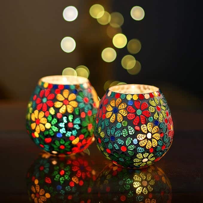 Homesake Tealight Candle Holders for Home Decor, Mosaic Glass, Flowers, Ramadan Decorations for HomePack of 2