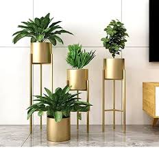 NMT Metal Flower Plant Pots for Living Room, Bedroom | Tall Indoor Planters Pots Self Watering Rust-Free for Home Decor Living Room Set 3 || Golden