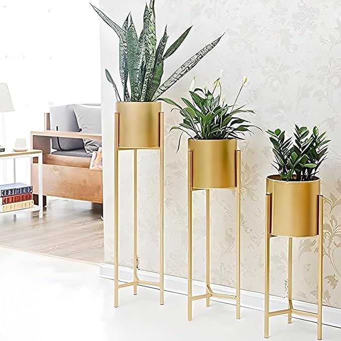 NMT Metal Flower Plant Pots for Living Room, Bedroom | Tall Indoor Planters Pots Self Watering Rust-Free for Home Decor Living Room Set 3 || Golden - Image 4