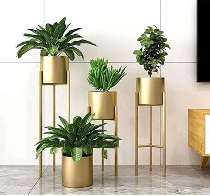 NMT Metal Flower Plant Pots for Living Room, Bedroom | Tall Indoor Planters Pots Self Watering Rust-Free for Home Decor Living Room Set 3 || Golden - Image 5