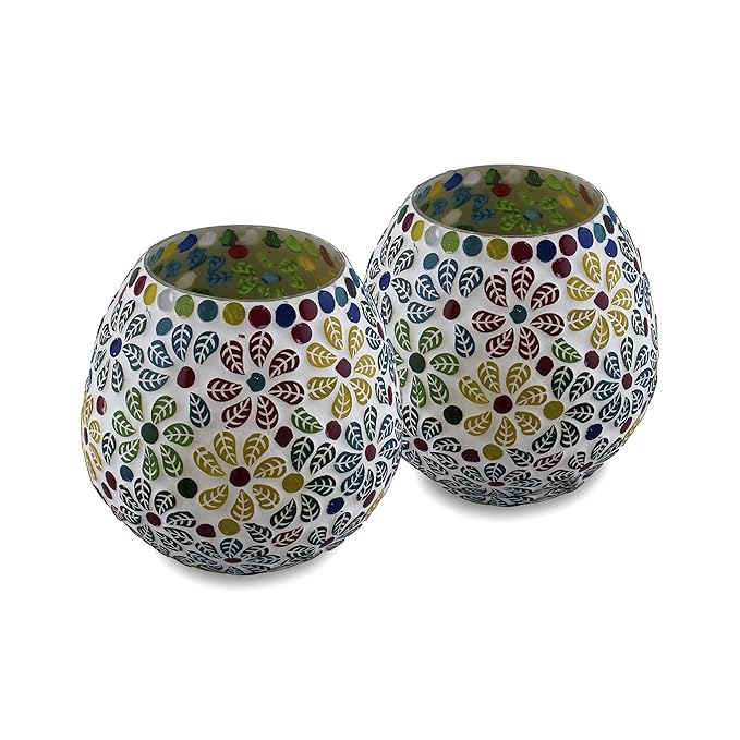 Homesake Tealight Candle Holders for Home Decor, Mosaic Glass, Flowers, Ramadan Decorations for HomePack of 2 - Image 2